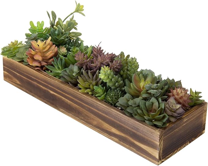 MyGift Artificial Succulent Centerpiece, 15.75 Inch Faux Succulents Arrangement Plants in Rustic Burnt Wood Rectangular Planter Box