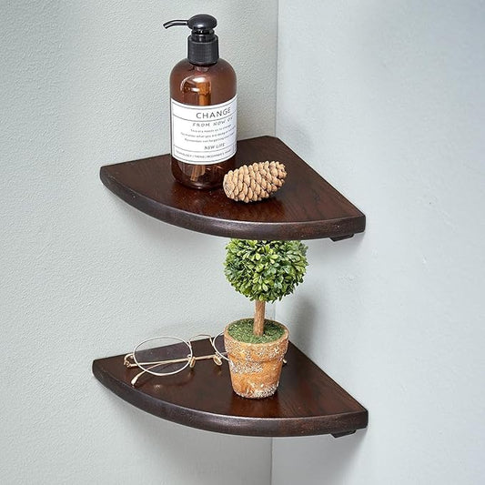 Corner Shelves, Floating Corner Shelf, Set of 2 Solid Oak Wood Wall Shelves, Round End Wall Mount with Wire Hole Shelving for Small Plant for Bedroom Kitchen, Living Room Walnut 8.7”