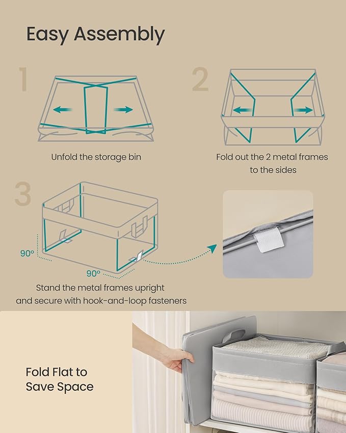SONGMICS Storage Bins Set of 3, Medium Fabric Storage Baskets, Foldable Organizer with Transparent Nylon Mesh, 15.7 x 11.8 x 9.8 Inches, Handles, for Bedroom, Living Room, Dove Gray URFB940G01