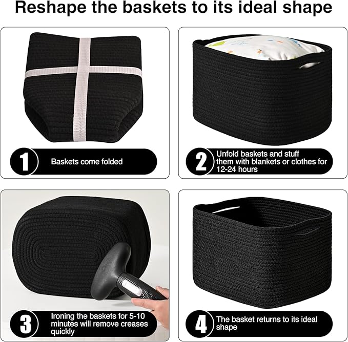 Black Storage Baskets for Shelves, Small Storage Baskets for Organizing, Woven Cotton Rope Baskets for Storage, Book Basket, Decorative Shelf Basket, 12.5"Lx9.1''Wx7.9''H (4 Packs) Black