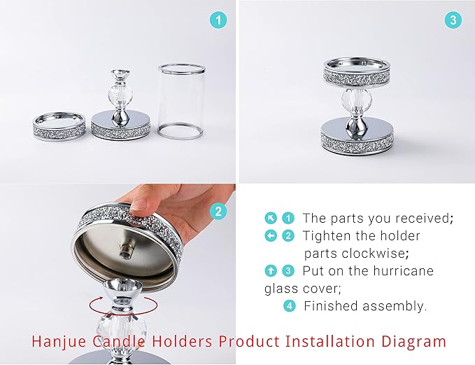 Hanjue Crystal Candle Holders for Pillar Candle, Metal Crystal Candle Holder for Home Decor, Centerpieces, Coffee Dining Table CH0509 (Silver (M))