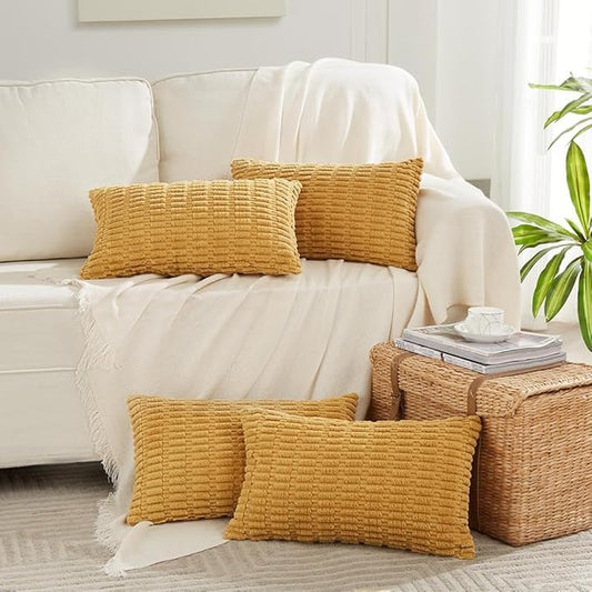 Fancy Homi 4 Packs Mustard Yellow Decorative Throw Pillow Covers 14x24 Inch for Couch Bed Sofa, Rustic Farmhouse Boho Home Decor, Soft Plush Striped Corduroy Square Cushion Case 35x60 cm