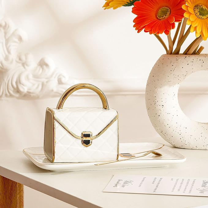 Zubebe 1 Set Coffee Mug Elegant Handbag Shaped Cup Modern Ceramic Purse Mug with Spoon and Saucer, 10oz Cute Creative Tea Cup for Office Home Woman Girls Gift (White)