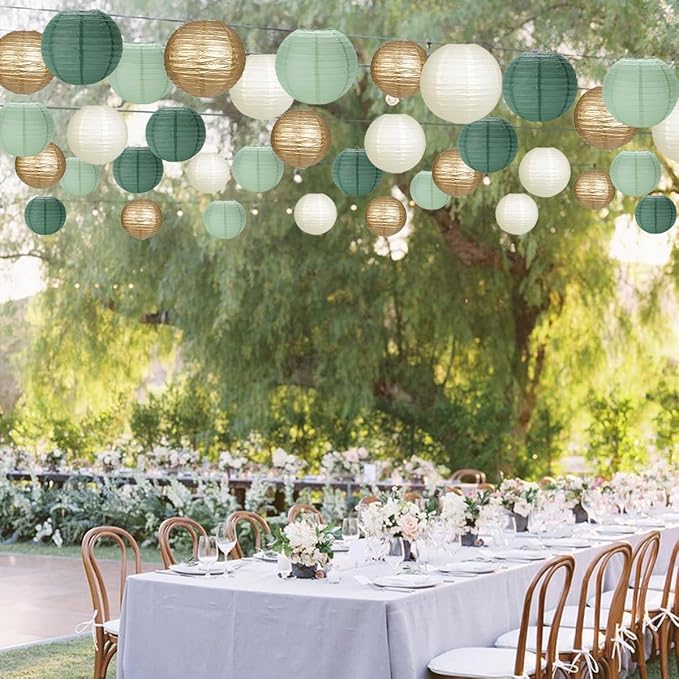 Paper Lanterns Sage Green Gold Round Hanging Chinese Lanterns for Birthday Party Baby Shower Bridal Shower Decorations Pack of 12