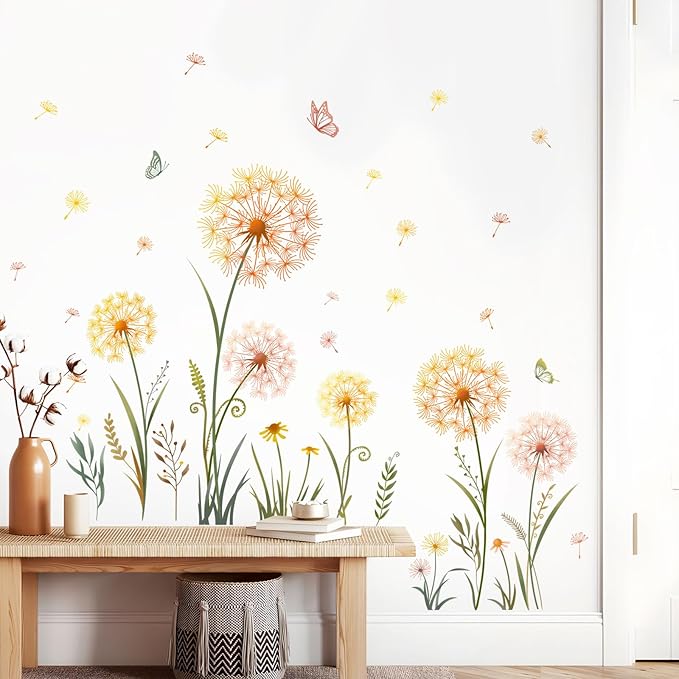 Dandelion Flower Butterfly Wall Decals Gold Dandelion Plants Floral Wall Stickers Peel and Stick Vinyl Wall Art Decor for Living Room Bedroom Office TV Sofa Backdrop Home Decor Gifts for Mom
