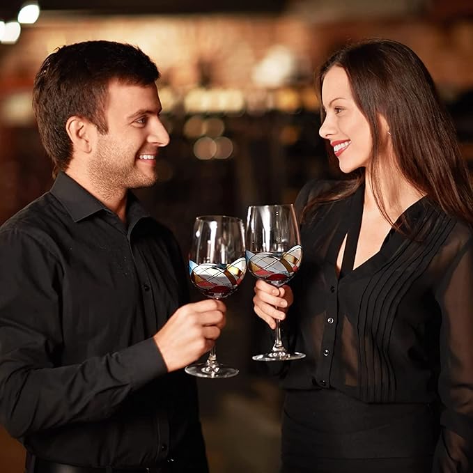 Bezrat Wine Glasses Hand Painted - Set of 2 - Women Wine Gift - Wine Lover Glass - Beautiful Glassware Gifts Ideas for Women Inspired by 'Duomo di Milano' Mothers Day - 12 oz (Gold)