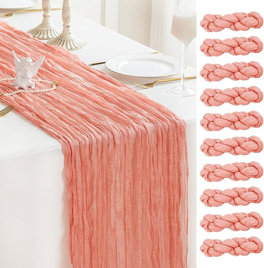 Sioloc 10 Pack Peach Coral Cheesecloth Table Runner Fall Autumn Decor for Home 10ft Table Cloth for Tea Wedding Birthday Party Baby Bridal Shower Halloween Thanksgiving