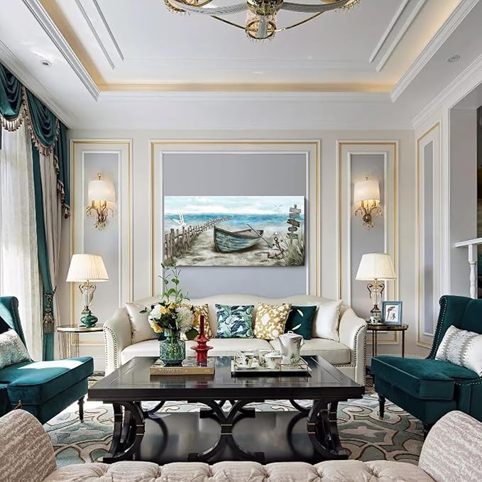 Wall Art for Living Room Large Beach Decor Picture Seagull Vintage Boat Artwork Ocean Sea Bird Canvas Print Seascape Nautical Painting Blue Teal Rustic Coastal Themed Cottage Bedroom Office Décor