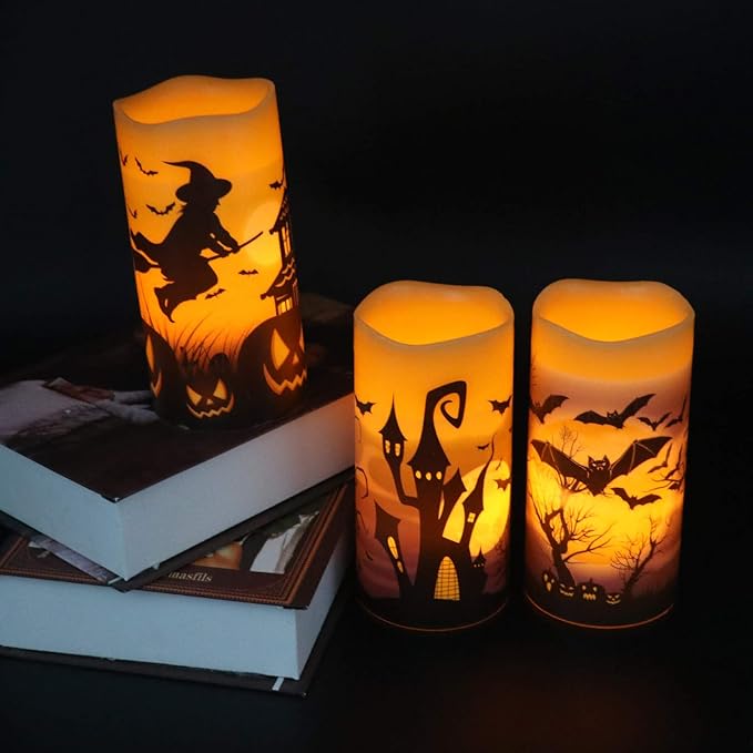 Wondise Halloween Flameless Flickering Candles with 6hrs Timer, Battery Operated Candles with Halloween Decals Real Wax LED Pillar Candles for Halloween Home Table Decor (3 x 6 Inches), Orange