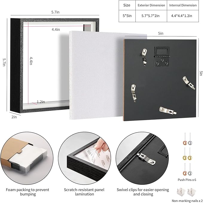 5x5 Shadow Box Picture Frame Display Case with Soft Linen Back-Thickened Panel,Small Mini Black Deep Shadow Memory Box Frame 5x5 for Insect Display Pet Photo Memorial Flower Craft