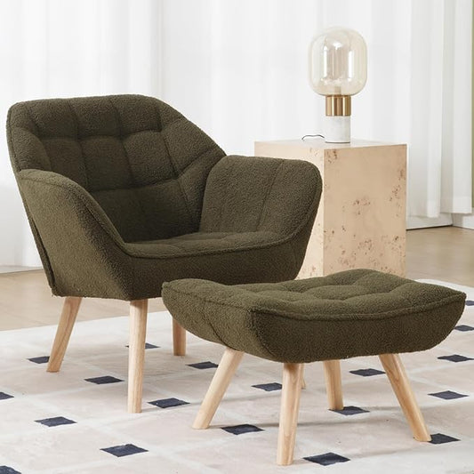Green Sherpa Accent Chair with Ottoman ，Modern Reading Chair with Ottoman Set, Comfy Fuzzy Armchair Living Room Chair Lounge Chair with Wood Legs for Small Spaces Bedroom Apartment