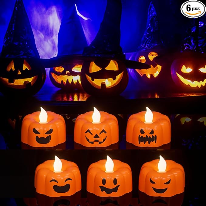 Wondise Halloween Flameless Candles, Pumpkin Battery Operated Candles with Timer, LED Flickering Votive Tealight Spooky Candles for Halloween Decorations Indoor (6 Pack, 1.9" x 1.6")