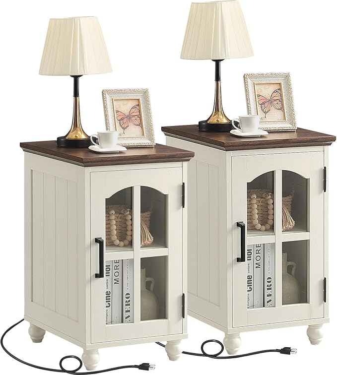 Narrow Side Table Set of 2,White Nightstand with Charging Station,End Table with Glass Barn Door Storage, Cabinet Organizer with Adjustable Shelf, Night Stand for Small Spaces Living Room Bedroom