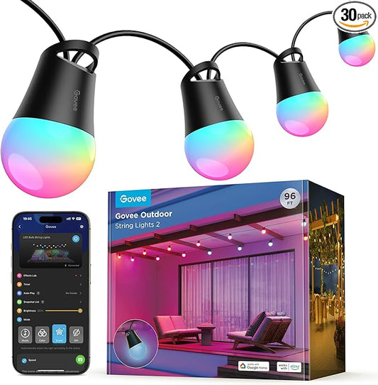 Govee Smart Outdoor String Lights 2, 96ft RGBIC Outdoor Lights with Dimmable Warm White LED Bulbs, 47 Scene Modes for Patio, Backyard, IP65 Waterproof, Works with Alexa, App Control