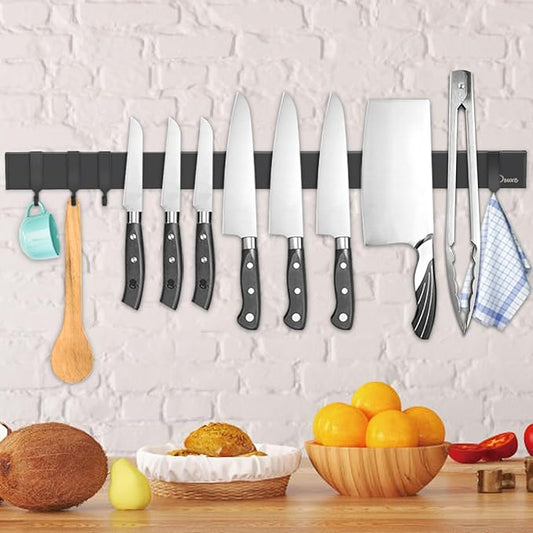 Dmore magnetic knife holder for wall—with 4 hooks, No Drilling 23 Inch black knife magnetic strip, Powerful knife magnet rack, include Adhesive Tape and screws for Knives, Utensils, and Tools