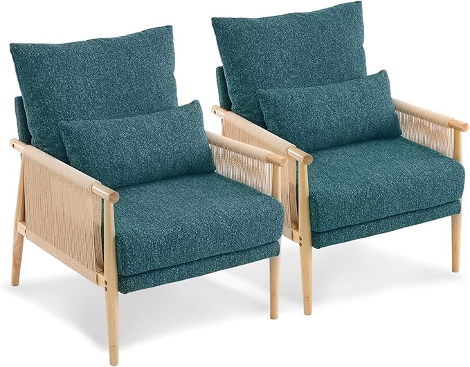VINGLI Boho Braid Accent Armchairs Set of 2,Mid-Century Modern Chiars with Solid Wooden Armrest,Comfy Louge Cushion Chairs with Waist Pillow for Bedroom,Living Room,Reading Room, Teal