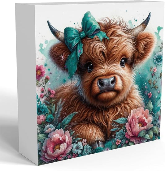 Highland Cow Decor, Highland Cow Gifts for women, Highland Cow Baby Decor, Cow With Pink Bow, Highland Cow Nursery Decor, Wooden Box Decor Sign for Home Farmhouse Office Living Room Table Shelf