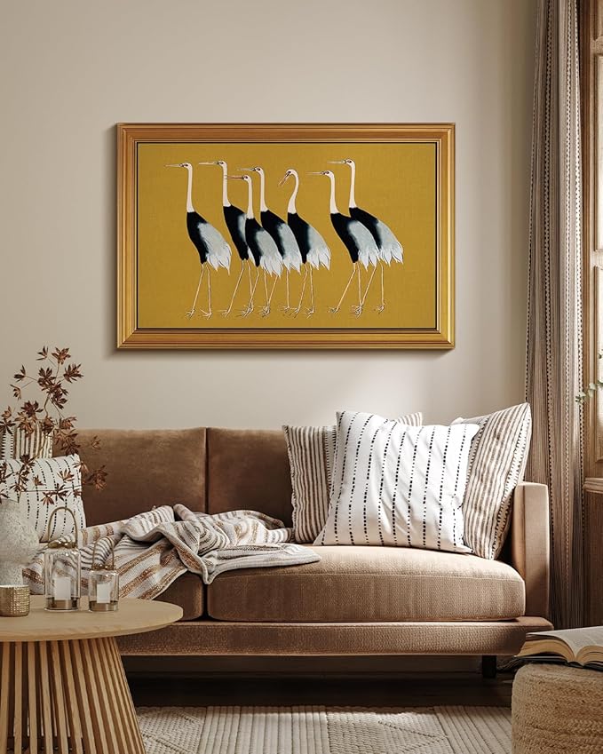 HUARCEY Gold Framed Vintage Wall Art for Living Room, Animals Painting Prints Large Decor for Kitchen, Aesthetic Bedroom Wall Art Decor, Christmas Gifts for Friends or Family (Seven Cranes 24"x36")
