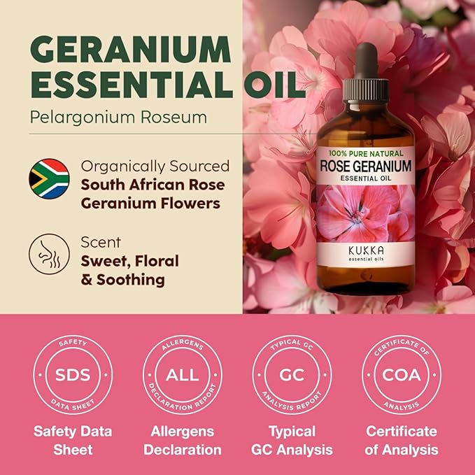 Kukka Rose Geranium Essential Oil for Skin - 4 Fl Oz - 100% Pure Natural Geranium Oil for Diffuser & Aromatherapy - Soap Making Scent & DIY