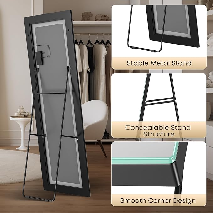 64" x 22" Full Length LED Floor Mirror - Big Wall/Standing Mirror with Lights, Dimmable Touch Screen & Adjustable Color (White/Warm Light), Full Body Mirror for Bedroom, Dressing Room, Vanity, Makeup