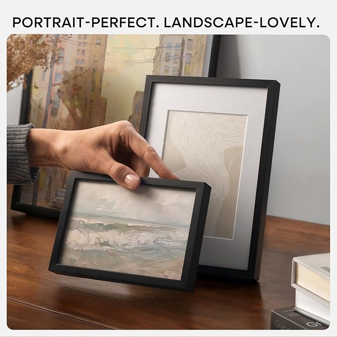 Homeforia 6x8 Picture Frame Black, High End Metal 6 x 8 Black Frames with Mat 5 x 7 for Art, 8x6 Desk Frame Matted to 5x7 inch Photo, 6 by 8 Wall or Tabletop Frames, Tempered Glass, Wall Kit, Set of 1