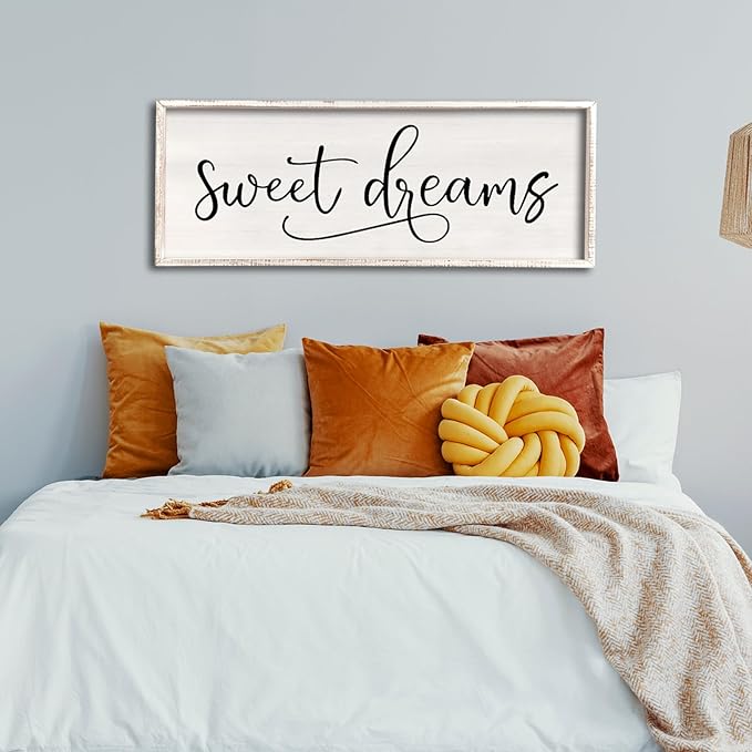 comurdyo Sweet Dreams Wall Decor Above Bed Sign 40" x 15" Master Bedroom Wooden Antique Framed Large Rustic Farmhouse Guest Room Beautiful Simple Hanging Plaque Over Bed Wall Art (White)