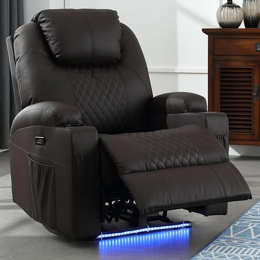 Power Recliner Chair with Heat and Massage, PU Leather Home Theater Seating with LED Lights/Cup Holders/Side Pocket/USB Port, Reclining Sofa Chair for Living Room (1, Brown)