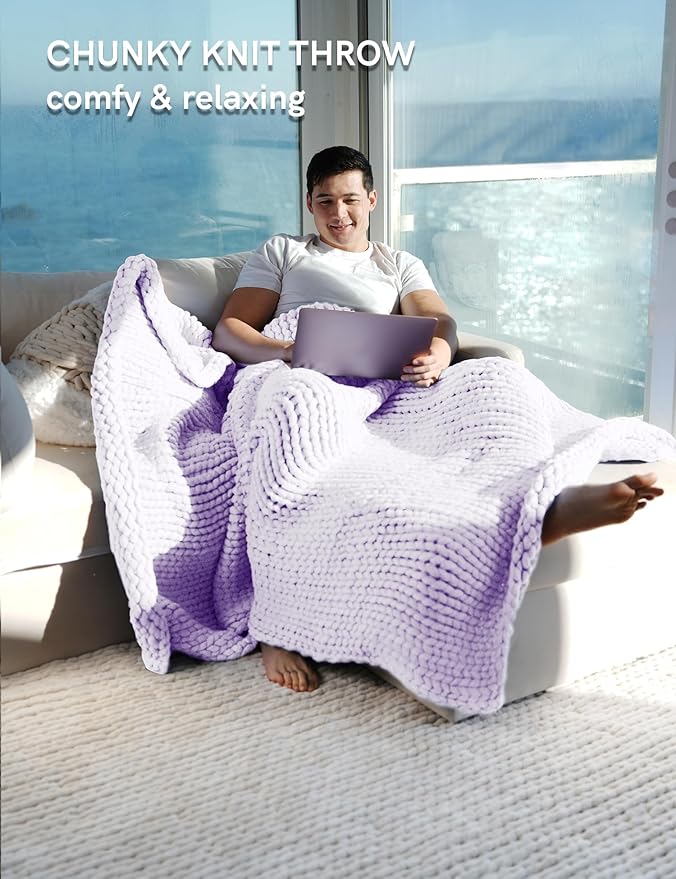 YnM Chunky Throw Blanket, Medium-Weight, Hand Knitted, Skin Friendly, Ventilated and Breathable, Machine Washable, Home Décor Piece for Couch, Sofa and Bed (Iris Lavender, 80x87 Inch)