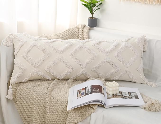 PANOD Decorative Long Lumbar Pillow Cover 12x40 Boho,Super Soft Chenille Extra Long Lumbar Pillow Case Cover with Tassel for Bed Sofa Couch Farmhouse Livingroom,White,Modern Skinny