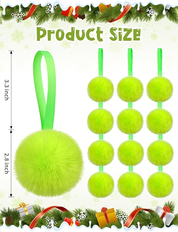 64Pcs Green Furry Christmas Balls, Green Xmas Ornaments Ball, Craft Pom Pom Balls, Christmas Tree Decorations Ball, Hanging Ornaments for Xmas Indoor Wreath Home School Office Décor