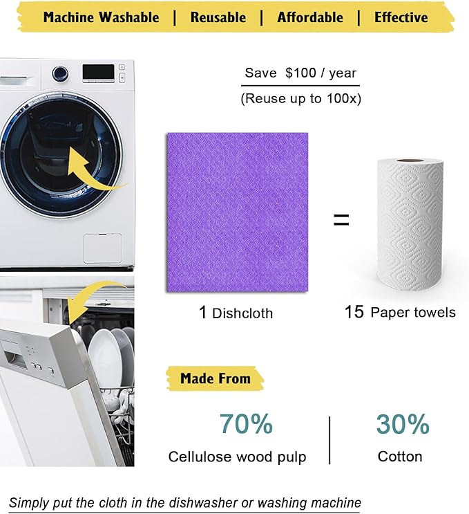 Swedish Dishcloths for Kitchen | 6 Pack Absorbent Cellulose Sponge Cloths Washable | Non-Scratch Reusable Paper Towels Quick Drying Cleaning Cloths - Purple
