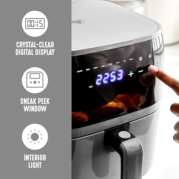 GreenLife Compact Electric Air Fryer Oven, 5.3 QT, PFAS-Free Ceramic Nonstick Drawer, 8 One Touch Digital Display, Easy View Window, Auto Shut-Off Timer, Dishwasher Safe Parts, 1500 Watts, Graphite