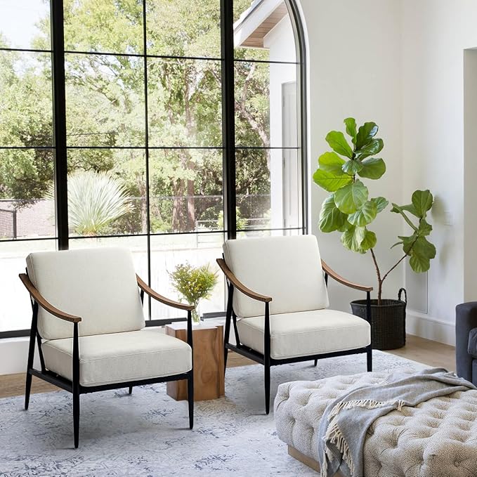 Modern Accent Chairs Set of 2 for Living Room Bedroom Mid Century Arm Chairs Upholstered Office Accent Chairs Comfy Waiting Room Chairs with Metal Frame, Cream White
