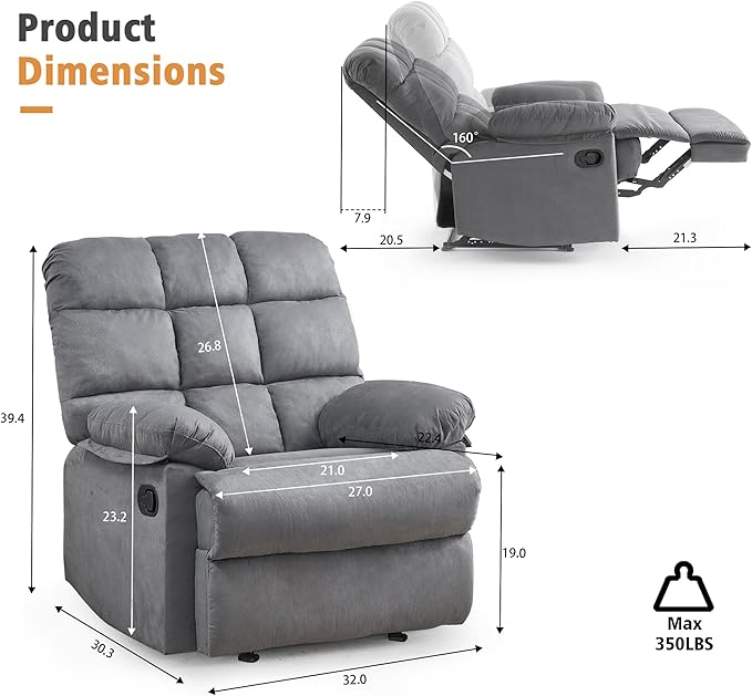 Rocker Recliner Chair, Overstuffed Manual Rocking Recliner for Adults, Upholstered Comfy Soft Fabric Living Room Reclining Sofa Chair(Gray)