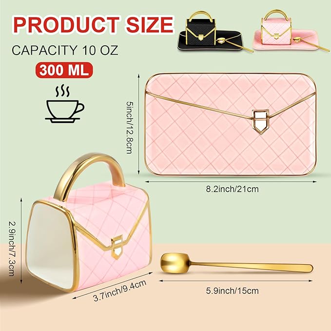 Zubebe 2 Sets Coffee Mug Elegant Handbag Shaped Cup Modern Ceramic Purse Mug with Spoon and Saucer, 10oz Cute Creative Tea Cup for Office Home Woman Girls Gift (Pink,Black)