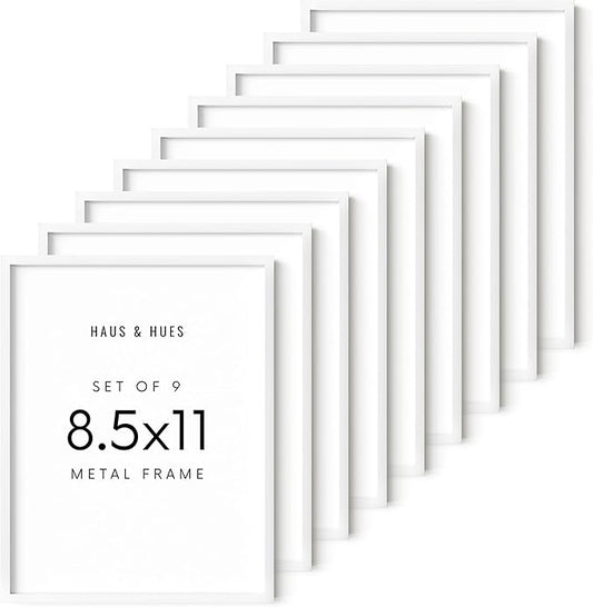 HAUS AND HUES 8.5x11 White Metal Picture Frames - Features Premium Aluminum, Vertical & Horizontal Hang, Shatterproof Plexiglass - Perfect for Home, Room, Office (8.5x11 in, White, Set of 9)
