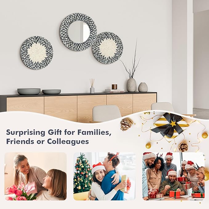 Natural Mother of Pearl Mirror Wall Decor for Bedroom Bathroom, 3PCS Geometric Wall Art Modern Home Office, Handmade Mosaic Art Circle Sculptures for Kitchen Living Dining Room (Black White)