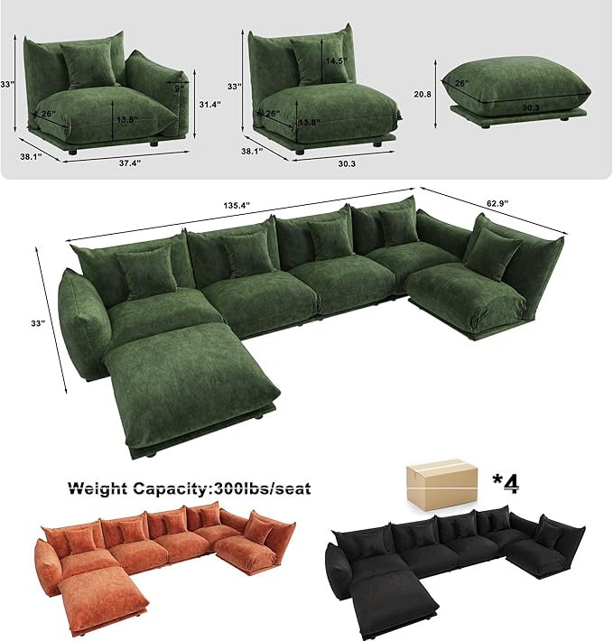 Modern Minimalist Chenille Modular Sectional Sofa, Oversized Deep-Seat U-Shaped Couch with Movable Ottoman, Thick Cushions, Upholstered Sofa for Living Room, Bedroom, Office, Apartment Green 1 Ottoman