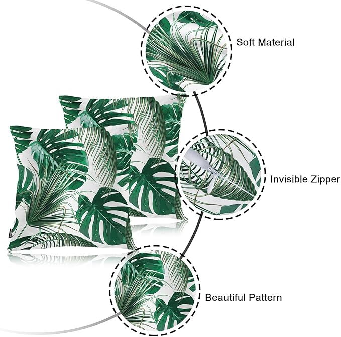 Swono Outdoor Pillow Covers Palm Leaves, Tropical Palm Leaf Home Decorative Throw Pillow Case Cushion Cover for Men/Woman/Bed/Sofa/Office/Car, 18x18 Inch, 2Pcs Pillow Covers, Green Palm