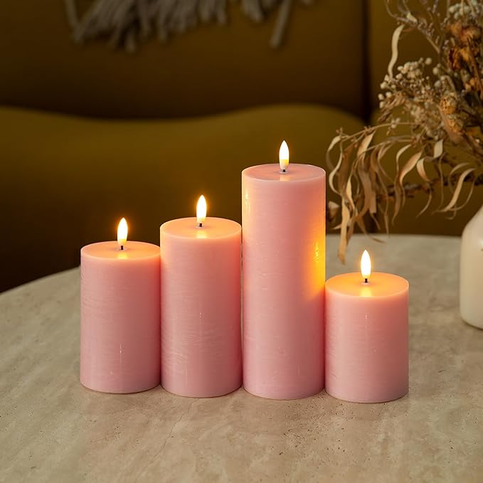 LUSHABOR Flameless Candles, 4 Pack Battery Operated Candles with Remote, Real Wax LED Fake Candles with Timer Flickering for Christmas Wedding Home Party D3 H 5" 6" 7" 9" Pink