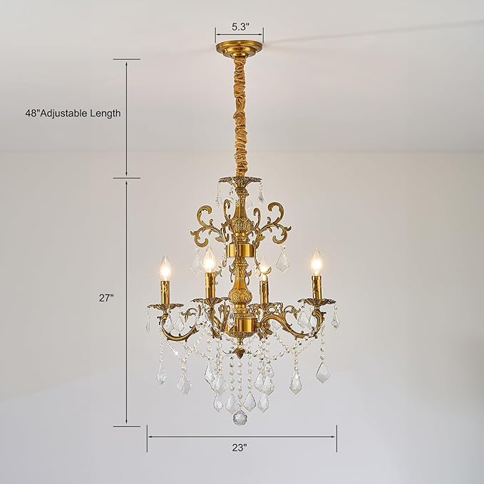 Vintage 4 Arms Crystal Chandelier Candle Light Fixture for Dining Room Living Room Bedroom Hallway Entryway Antique Gold Finish (23"-4 Lights)