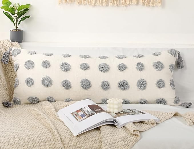 PANOD Decorative Long Lumbar Pillow Cover 14x36 Boho,Super Soft Chenille Extra Long Lumbar Pillow Case Cover with Tassel for Bed Sofa Couch Farmhouse Livingroom,Grey,Modern Skinny