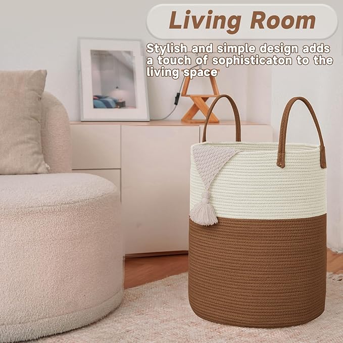 Large Woven Laundry Basket Hamper,60L Cotton Rope Storage Bin for Blankets,Toys and Clothes,Decorative Tall Nursery Hamper for Living Room,Baby Nursery,Bathroom and Bedroom,White and Brown