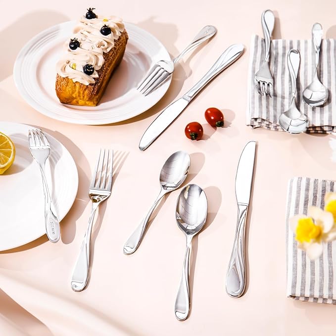 HIKAA Wave Design Silverware Gift Set for Wedding, 40-Piece Artistic Stainless Steel Flatware in Gift Box, Fibonacci Pattern Cutlery Set Service for 8, Mirror Polished