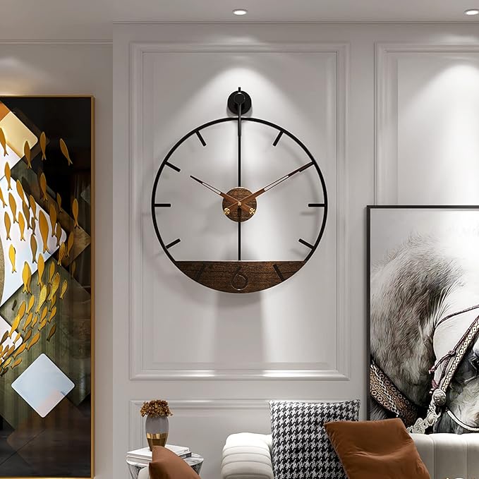 Modern Wood Walnut Dial Wall Clock, Large Simple Wall Decor Metal Frame Silent Non Ticking Clock for Living Room Decor, Kitchen, Bedroom, Study Decoration, Handmade Home Gift Idea, 26.4 in