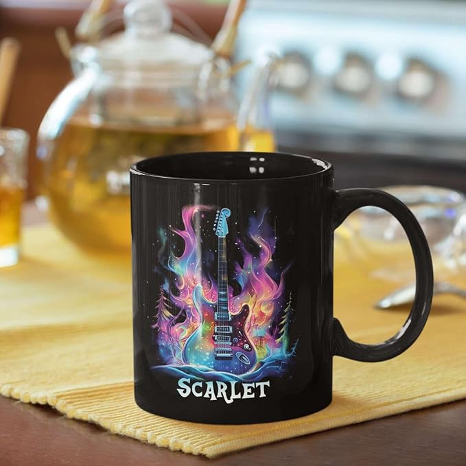 Personalized Electric Guitar Mug 11oz 15oz, Custom Choose Name Coffee Cup, Customized Rock Music Themed Black Mug, Gift For Musicians, Electric Guitar Ceramic Cup With Cosmic Design