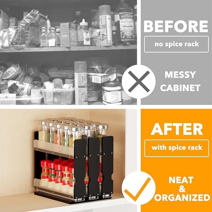 SpaceAid Bamboo Pull Out Spice Rack Organizer for Cabinet, Heavy Duty Slide Out Seasoning Kitchen Pantry Sliding Vertical Organization, 7.6" Wide, 3 Drawers(2" Wide), 2-Tier, Black