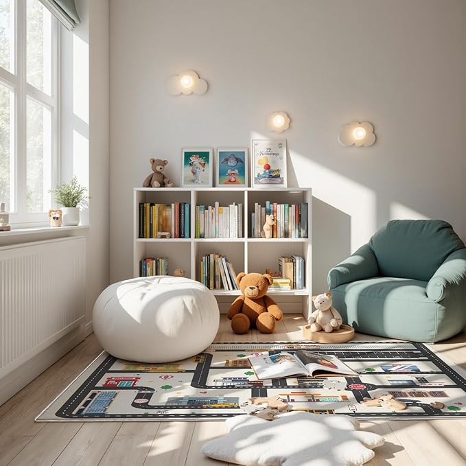 5x7ft Kids City Road Car Play Rug - Non-Slip Faux Wool Carpet with Interactive City Map Design, Educational Toy Vehicle Mat for Kids, Bedroom Playroom Nursery Gift.