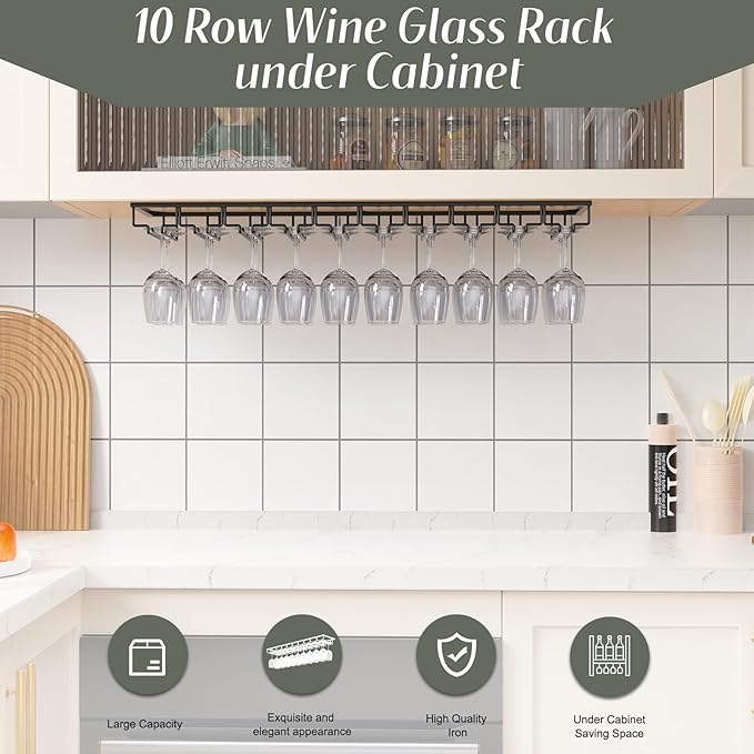 Xverycan Wine Glass Rack Under Cabinet, 10 Row Extreme Large Stemware Hanger, Metal Wine Goblet Holder, DIY Bar Glass Storage Rack for Bar Counter, Kitchen, Screws Included