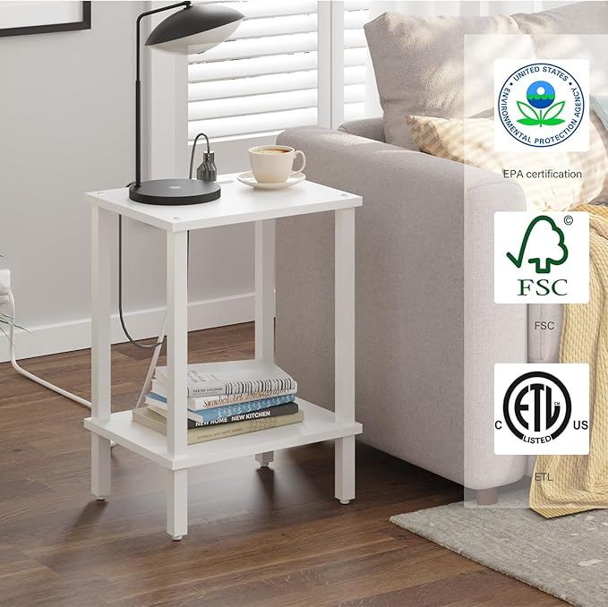 TUTOTAK End Table with Charging Station, Small Side Table with Outlets, Nightstand Bedside Table, 2-Tier Storage Shelf for Small Space, Living Room, Bedroom, White TB01BW040